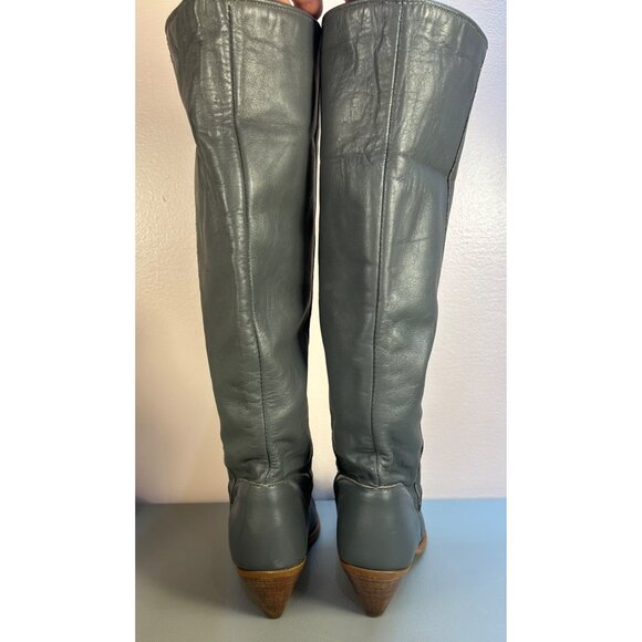 VTG FRYE Tall Leather Heeled Boots Womens 7 Rare Dark Gray - Picture 5 of 12